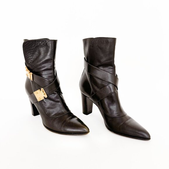 Louis Vuitton Buckle Ankle Boot EU 37 US 7 Brown Leather High Heel S Lock Buckle - Picture 1 of 15